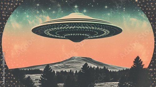 Generative AI, Vintage risograph collage of alien UFO in space, pastel halftone, geometric shapes, abstract grain texture