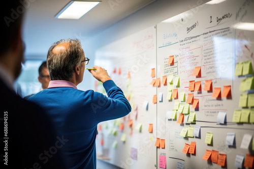 Company employees discuss development strategy in office. Man standing near board with sticky notes  analyzing information and searching new ideas. Success business plan in start up project