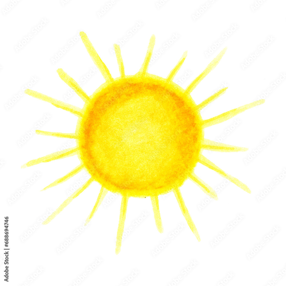 Fototapeta premium Watercolor sun. Hand-drawn weather element isolated on white background. Sunshine for design of postcards, children's albums.