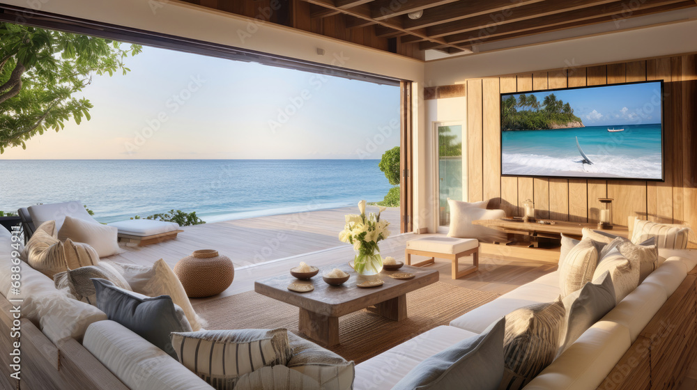 Obraz premium Tranquil beachfront villa cinema linen seating shiplap walls 110-inch 4K TV screen marine-grade audio
