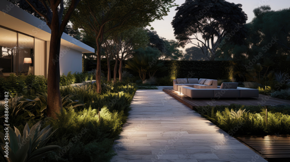 Lush garden in Smart Home's outdoor area automated irrigation security cameras pathway lighting Lush garden in Smart Home's outdoor area automated irrigation security cameras pathway lighting