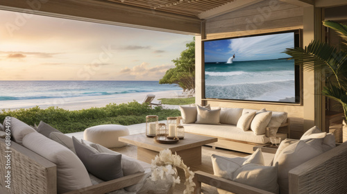 Beachfront villa's coastal-themed cinema linen seating shiplap walls 110-inch 4K TV screen marine-grade audio © javier