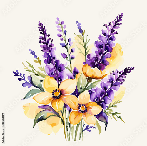 A watercolor floral-painted flower bouquet for an invitation card or greeting card. An oil-painted bluebell flower bunch in purple and yellow color on a white background vector.