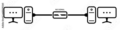No signal vector icon. Broken wire between computers vector. No connection symbol. Vector illustration.