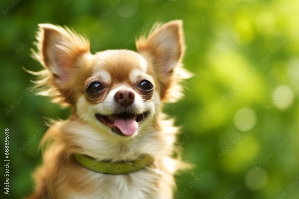 Cute chihuahua puppy dog outdoors. Closeup portrait, front view, copy space for text