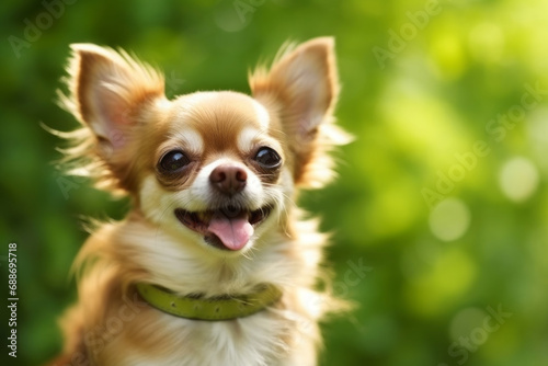 Cute chihuahua puppy dog outdoors. Closeup portrait  front view  copy space for text