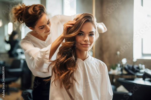 Pretty brunette working as a hairdresser and hair tips of a female customer in a beauty salon.