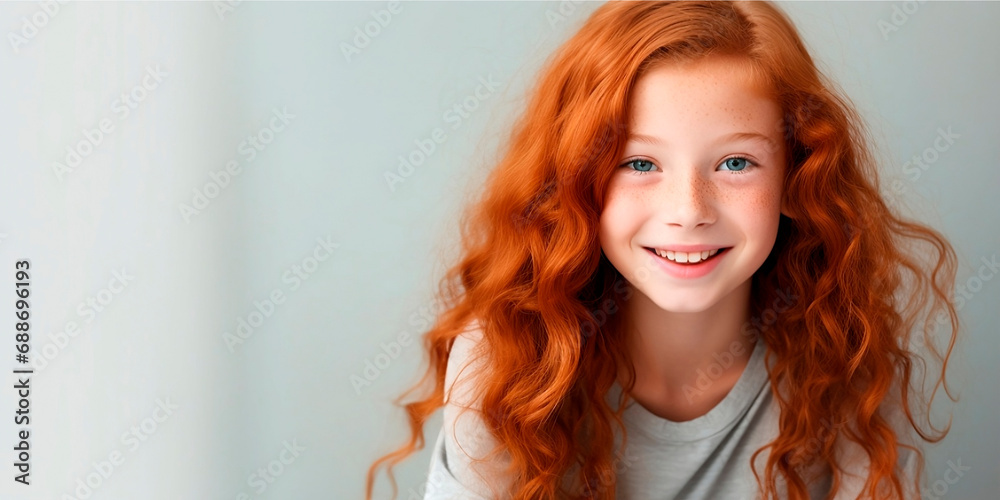 Young cute girl red hair. A young girl in holds an book in her hands on a color background. Banner dot, place for text. Young cute girl red hair. A young girl in holds an book in her hands on a color background. Banner dot, place for text.