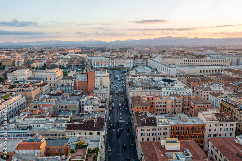 Aerial View of Rome Italy Looking East With the Roma Termini Train Station at Sunrise