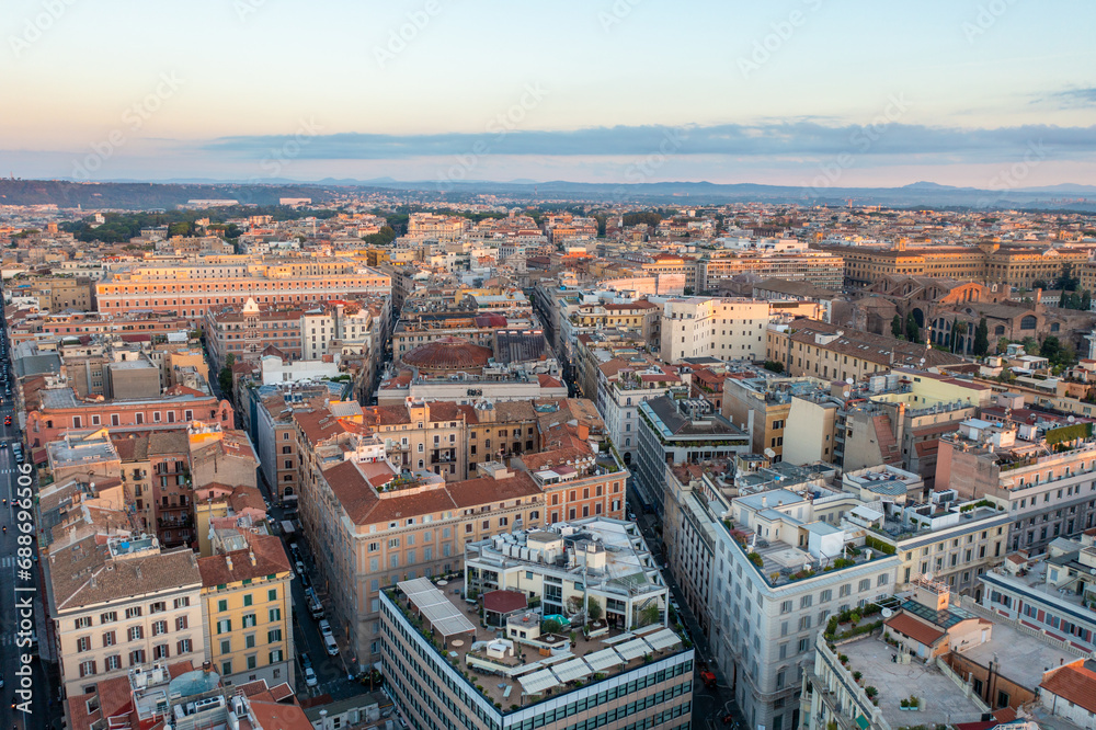 Aerial View of Rome Italy Looking North as the Sun Rises