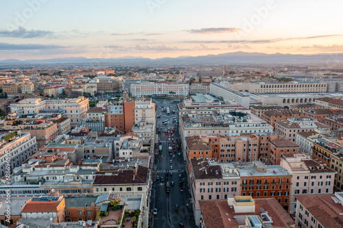 Aerial View of Rome Italy Looking East With the Roma Termini Train Station at Sunrise