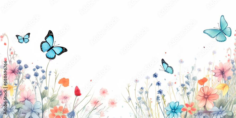 Butterfly blue Illustration  watercolor. Beautiful floral summer seamless pattern with watercolor for kids field wild flowers.  Illustration  watercolor. - obrazy, fototapety, plakaty 