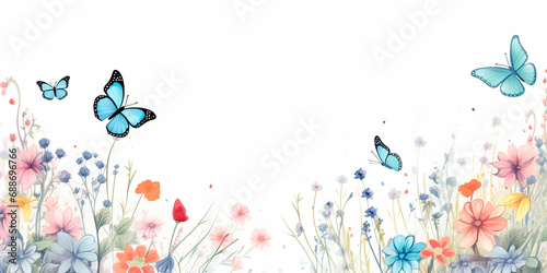 Butterfly blue Illustration  watercolor. Beautiful floral summer seamless pattern with watercolor for kids field wild flowers.  Illustration  watercolor.