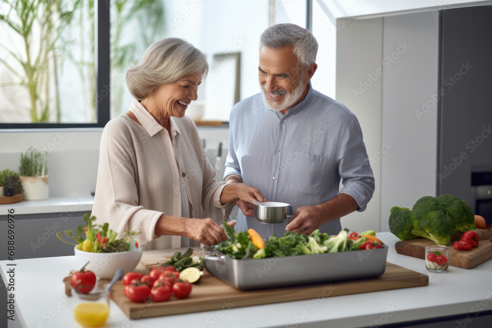 Seniors Enjoy Happiness in Cooking Together - Modern Kitchen, Timeless Love. Seniors Enjoy Happiness in Cooking Together - Modern Kitchen, Timeless Love.