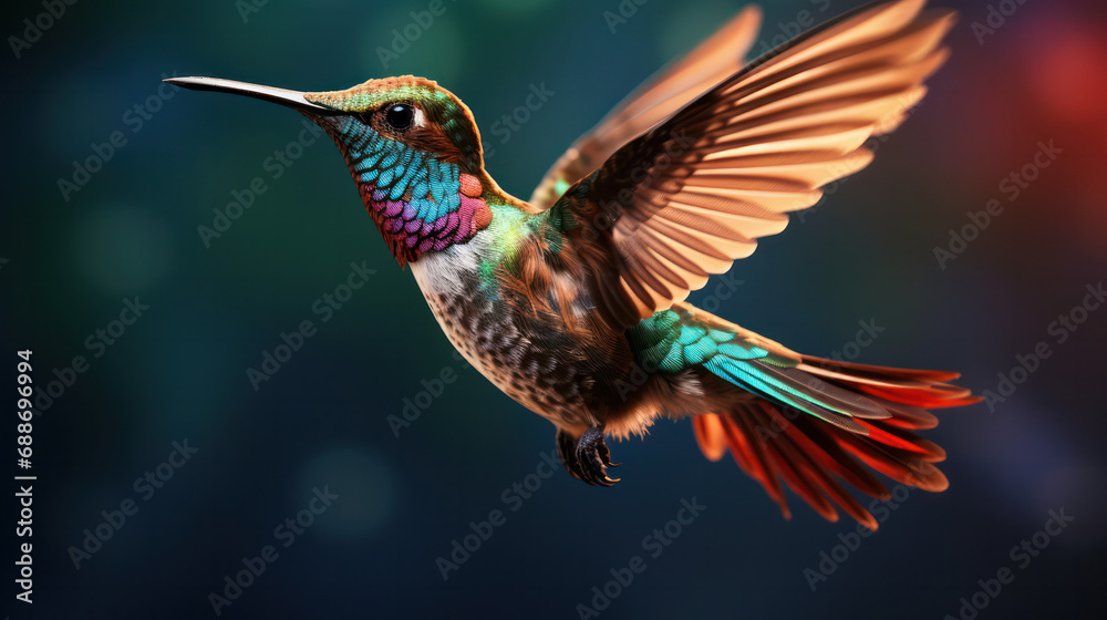 Fototapeta premium Nature's Palette, Colorful Hummingbird in Vibrant Surroundings - A Symphony of Hues in Flight.