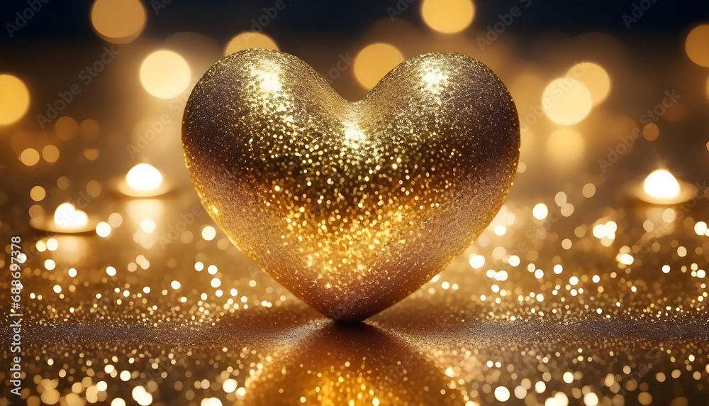 Gold heart glitter on bokeh glitter light backdrop