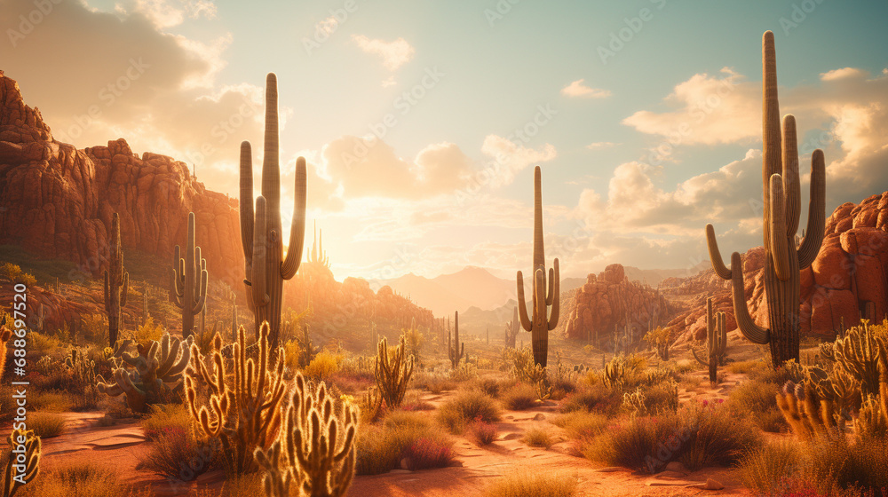 The sun rises over the desert, casting its golden light on the cactus spines. The cacti stand tall and proud, like sentinels guarding the land. ai generated. - obrazy, fototapety, plakaty 