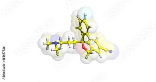 Celexa, Ctp, Citalopram antidepressant drug, 3D molecule in 4K photo