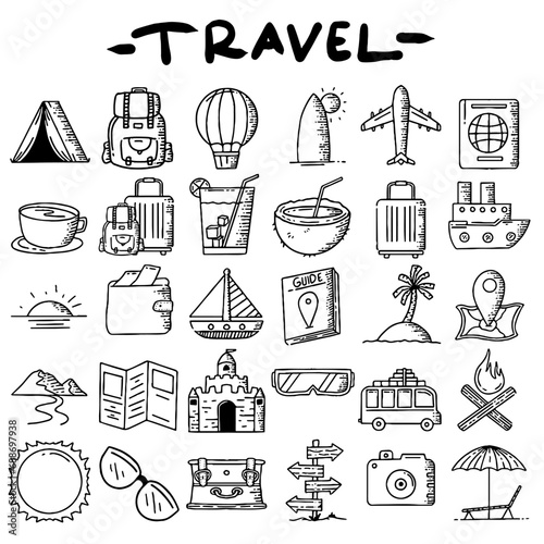 This is a collection of travel icons hand drawn in outline style, you can give it any color you want, vector illustration