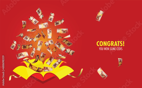 Vector illustration of A lot of 200 Ghanaian cedi notes coming out of an opened red gift box. money flying out of box. editable eps	