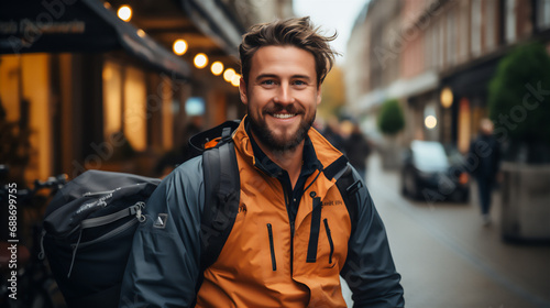 Young man of a delivery app with his backpack on his way to deliver, outdoors at day photo
