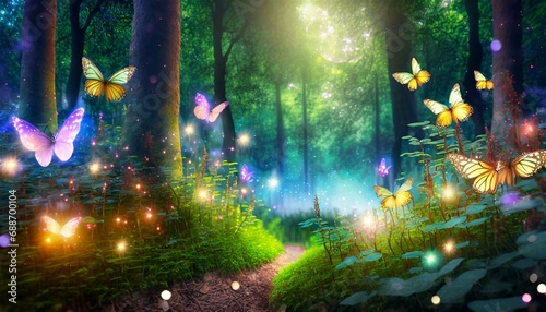 wide panoramic of fantasy forest with glowing butterflies in forest