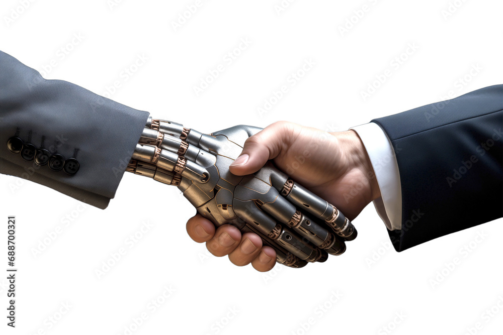 human and robot hand in a symbolic gesture of cooperation in business human and robot hand in a symbolic gesture of cooperation in business