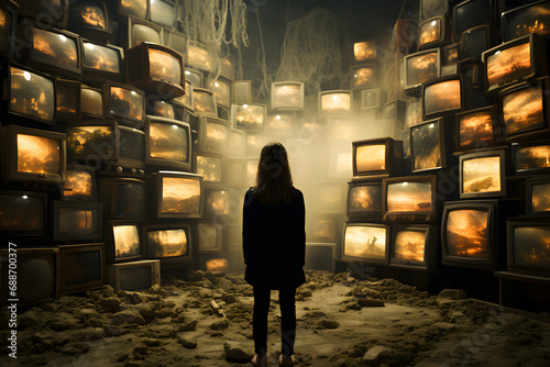 Social media addiction concept , depressed woman looking at various television screens, 