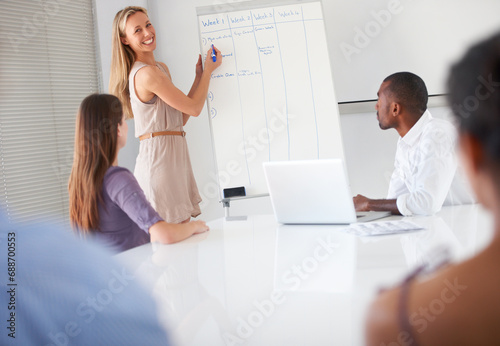 Whiteboard presentation meeting, happy woman and business people listen to agenda of project manager. Portrait, smile or training group attention, teamwork and planning agency schedule, list or tasks photo