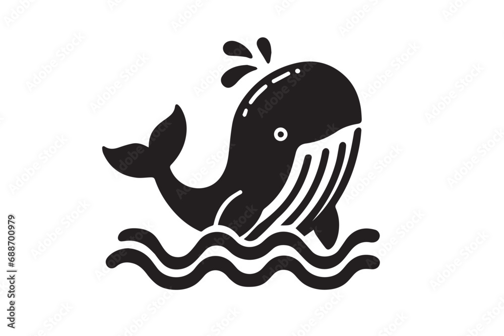 Obraz premium Cute cartoon whale on the waves. Simple black isolated illustration