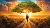  Symbolic Journey of Dream Loss Overcoming, Serene Landscape with Path, Flourishing Tree, Phoenix Rising, Sunrise of Hope. Inspirational Concept for Adobe Stock.