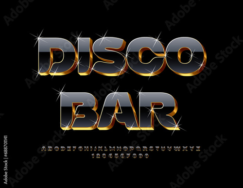 Vector modern poster Disco Bar. Black and Gold stylish Font with sparkling Stars. Chic Alphabet Letters and Numbers.