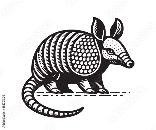 Cute armadillo. Vintage engraving illustration, logo. Woodcut