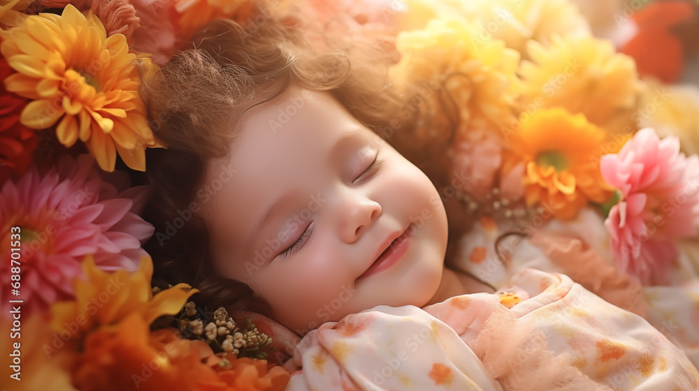 baby smiling while sleep in the colorful blossom