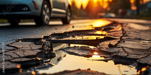 Close-up of a damaged asphalt road with a large pothole filled with water  reflecting sunlight near the wheel of a car  highlighting infrastructure issues