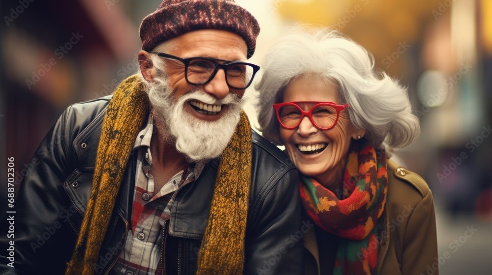 Joyful senior hipsters, capturing the essence of life's golden moments. Concept: Positive attitude at any age.