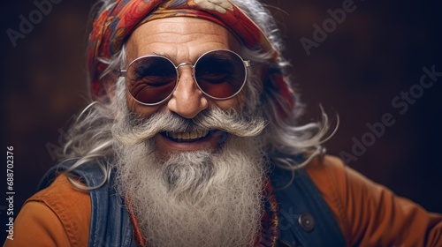 Old man wearing a cap and glasses with a bandana on his head, close-up depicting happiness and style. Concept: Positive attitude at any age.