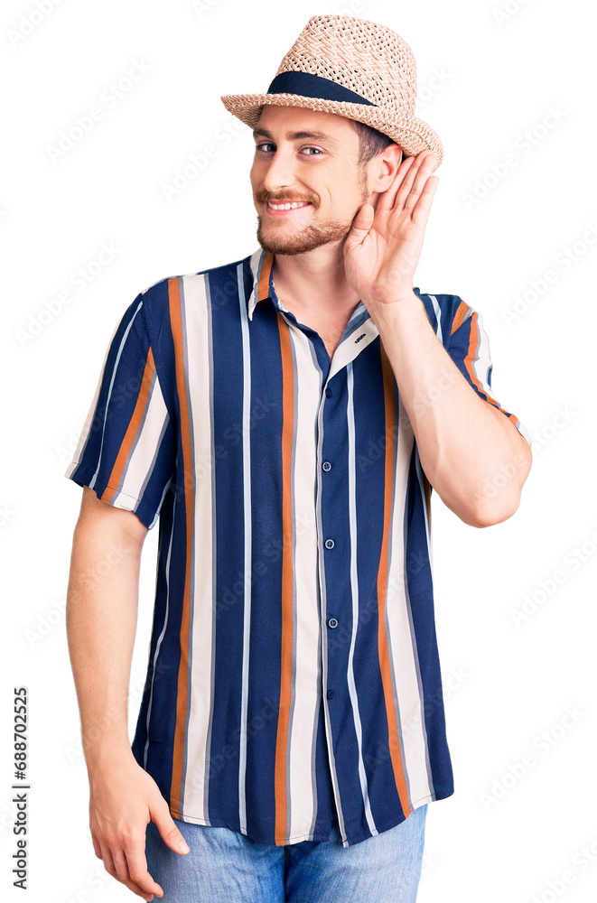Young handsome caucasian man wearing summer hat smiling with hand over ear listening an hearing to rumor or gossip. deafness concept. Young handsome caucasian man wearing summer hat smiling with hand over ear listening an hearing to rumor or gossip. deafness concept.