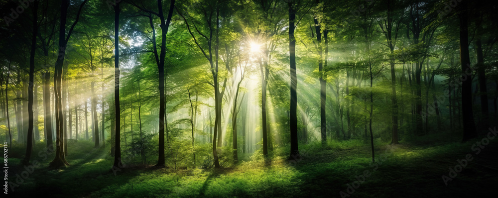 Obraz premium Bright panoramic sunrise or sunset in green forest in summer background