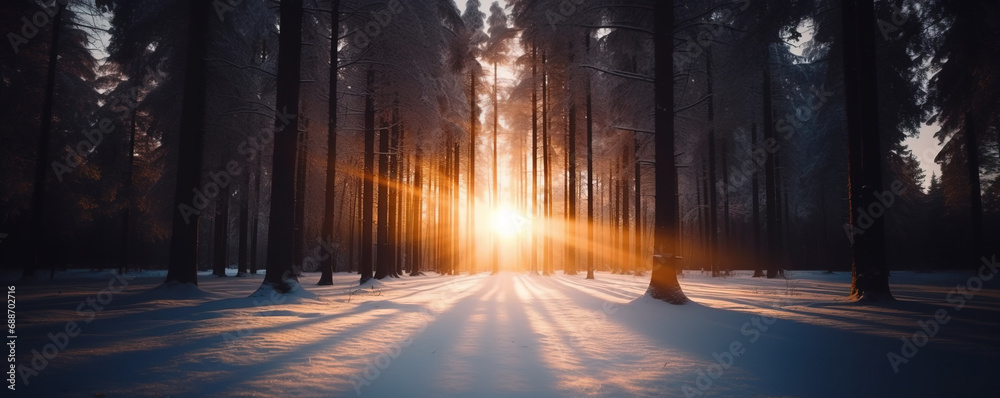 Bright panoramic sunrise or sunset in winter forest with snow background