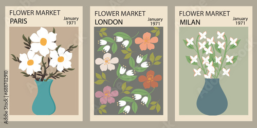 Set of abstract Flower Market compositions. Trendy botanical floral design in pastel colors for greeting cards, invitations, posters, wall art. Vector illustration