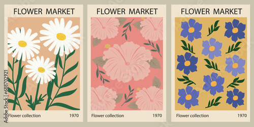 Set of botanical posters with different flowers. Botanical wall art collection, vintage poster aesthetic. Poster for postcards, wall art, banner, background, for printing. Vector art illustration
