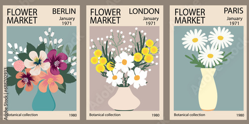 Set of abstract Flower Market posters. Trendy botanical wall arts with floral design in bright colors. Modern naive groovy funky interior decorations. Vector art illustration