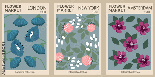 Set 1970 daisy flowers market posters. Abstract floral illustration. Poster for postcards, wall art, banner, background, for printing. Vector art illustration.