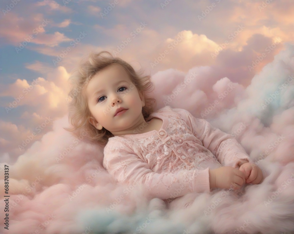 Cute baby on the clouds. Pink pastel colors Cute baby on the clouds. Pink pastel colors
