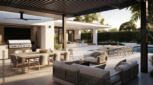 Smart Home outdoor entertainment area with weatherproof TV and speakers © javier