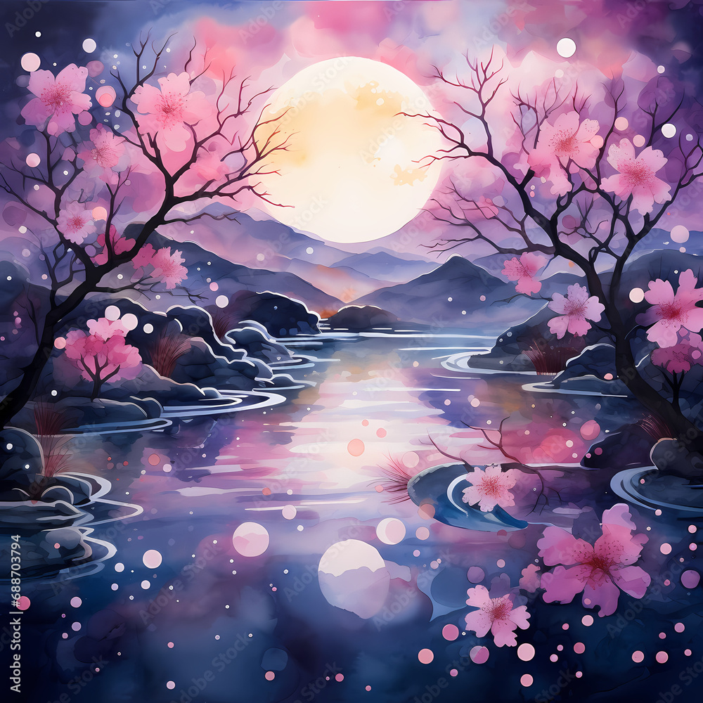 a surreal mirage featuring abstract sakura elements with watercolor-inspired strokes during nightfall, influenced by quantum mechanics