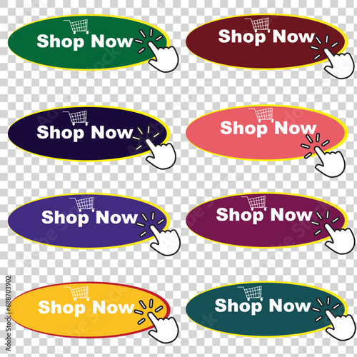 Buy now button with shopping cart. Shop now. Modern collection for web site. Online shopping. Click here, apply, buttons hand pointer clicking. Web design elements. Vector illustration