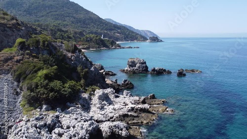 Aerial view of turquoise blue Mediterranean water on the coast of Samos, Greek Aegean Sea photo