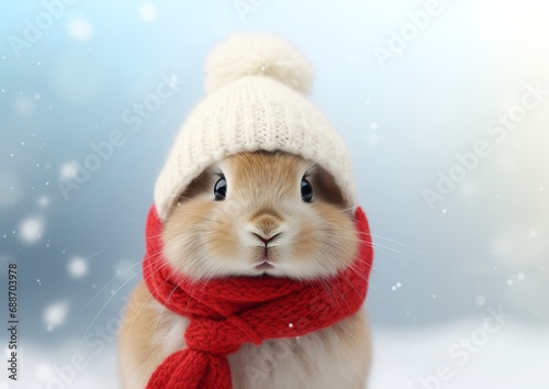 white blue eyed mini lop bunny wearing a red hat in snow